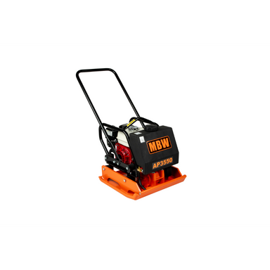 Plate compactor with orange base plate, black engine cover with MBW logo, and black tubular handle frame