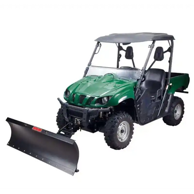 Green utility vehicle equipped with UnionBuilt Supply Swisher 62-inch plow rolled blade, front view gallery 1