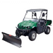 Green utility vehicle equipped with UnionBuilt Supply Swisher 62-inch plow rolled blade, front view gallery 1