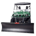 Green utility vehicle fitted with Swisher 62-inch plow rolled blade attachment, shown front view gallery position 1