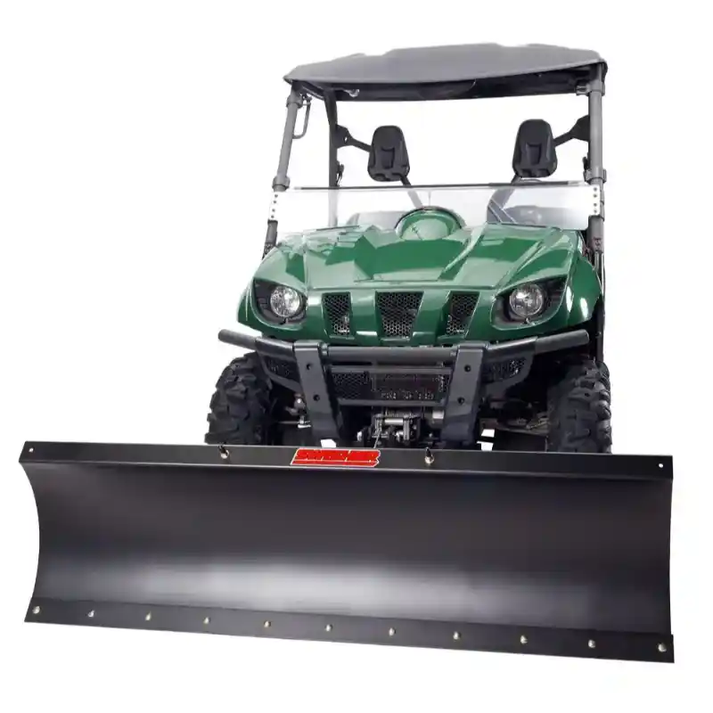 Green utility vehicle fitted with Swisher 62-inch plow rolled blade attachment, shown front view gallery position 1
