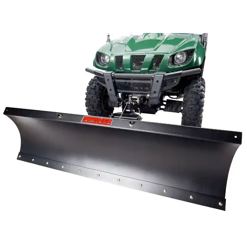 Front angled view of green utility vehicle with Swisher 62-inch plow rolled blade attached, gallery position 1