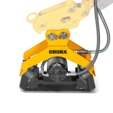 MechMaxx compactor attachment front view with yellow mounting bracket and hydraulic hoses gallery position 1