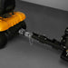 Close-up of hitch attachment connecting tow bar on yellow riding lawn mower to black frame of MechMaxx wood chipper gallery 1