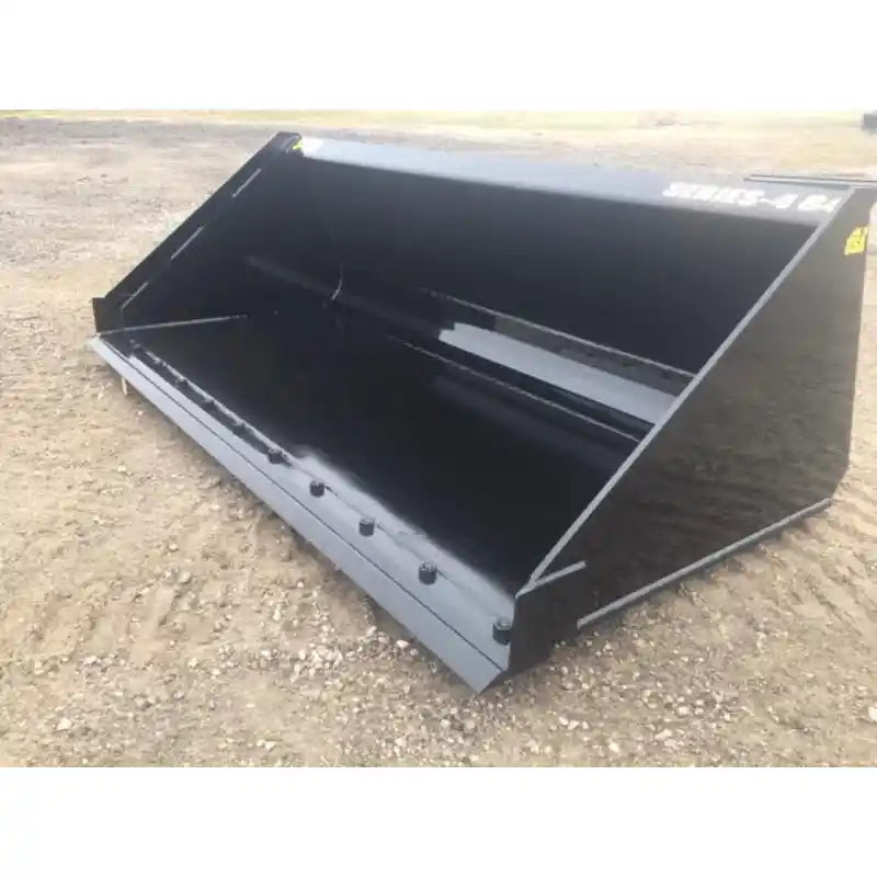 Left-side angled view of a black skid steer material bucket with bolt-on cutting edge on a dirt surface