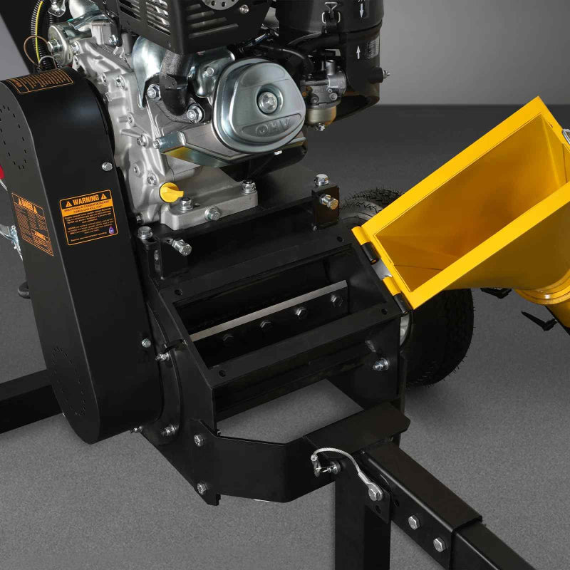 Close-up of MechMaxx 5 inch Kohler 429cc wood chipper feed mechanism and yellow discharge chute, gallery position 1