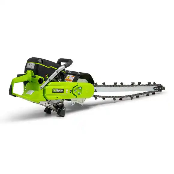 GeoRipper GR727 Mini Trencher with 27-inch chain and green housing, gallery position 1 front side angle view