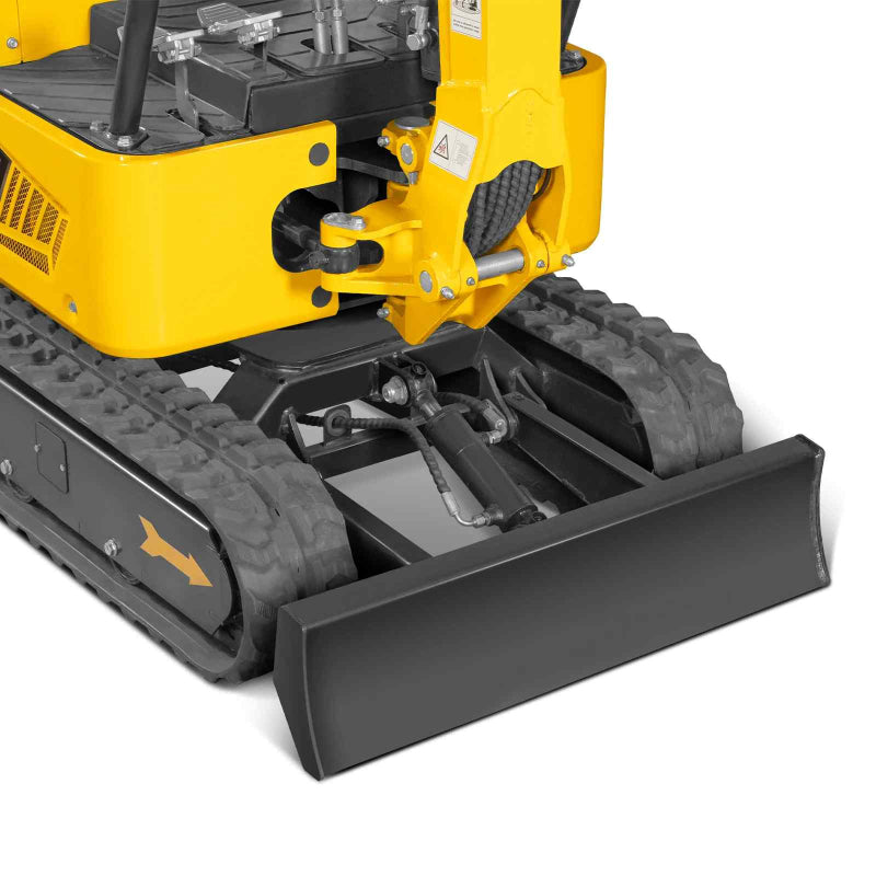 close-up of undercarriage showing rubber tracks, blade, and part of hydraulic linkage on MechMaxx MEC10 mini excavator gallery 1