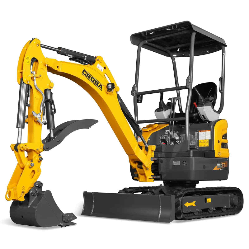 right side view of yellow MechMaxx MEC17 mini excavator with open canopy and rubber tracks gallery position 1
