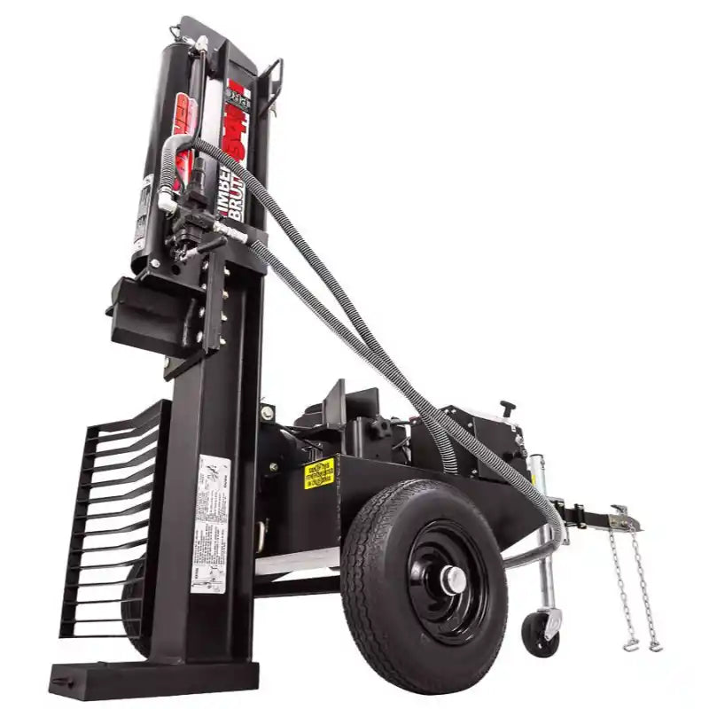 Three-quarter view of Swisher 34-Ton Timber Brute log splitter showing hydraulic hoses, tow hitch, and single tire, gallery position 1