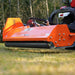 low-angle side view of orange MechMaxx 72-inch 3-point PTO offset ditch bank mower at gallery position 1