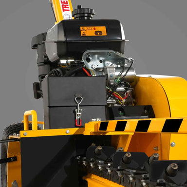 Close-up of MechMaxx 429cc KOHLER E-start engine and hydraulic components on yellow ditching mini trencher, gallery 1