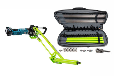 MiniTrencher SB431e electric horizontal drill with Makita 40V motor, green rods, fittings, and open soft carrying case gallery position 1