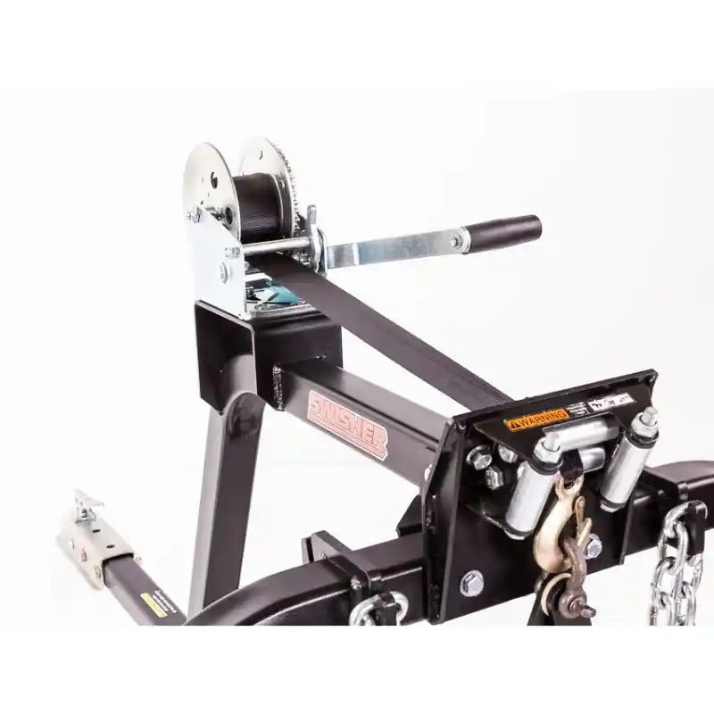 Close-up of black winch mechanism with hand crank and steel cable on Swisher ATV Log Skidder, gallery position 1