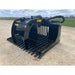 Front view of black steel rock grapple attachment with wide curved tines and hydraulic hoses on gravel surface outdoors