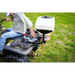 White hopper spreader mounted on rear rack of green ATV with operator adjusting controls, gallery position 1