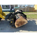Yellow loader equipped with black hydraulic clam grapple attachment holding large cut tree trunk on residential pavement