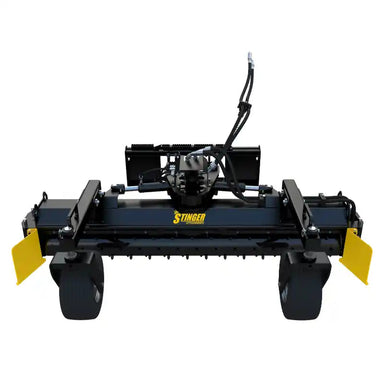 Black and yellow soil conditioner attachment with hydraulic hoses, dual rear wheels, and adjustable mounting brackets on white background