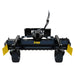 Black and yellow soil conditioner attachment with hydraulic hoses, dual rear wheels, and adjustable mounting brackets on white background