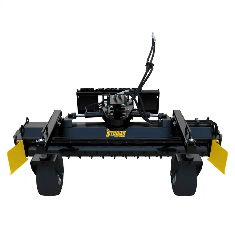 Black and yellow soil conditioner attachment with hydraulic hoses, dual rear wheels, and adjustable mounting brackets on white background