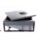 Partially open steel hopper lid with circular vent on Swisher Drop Feeder, gallery position 1, white background