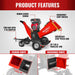 MechMaxx 8 inch HONDA E-Start 688cc drum wood chipper showing labeled engine, stop switches, tow bar, and tubeless tire gallery position 1