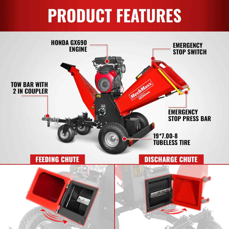 MechMaxx 8 inch HONDA E-Start 688cc drum wood chipper showing labeled engine, stop switches, tow bar, and tubeless tire gallery position 1