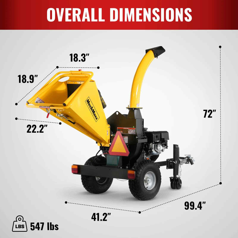 Side view of MechMaxx 5 inch disc wood chipper showing overall dimensions and weight in gallery position 1