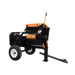 Tow-behind mortar mixer with black barrel, orange handle, and white wheels on white background