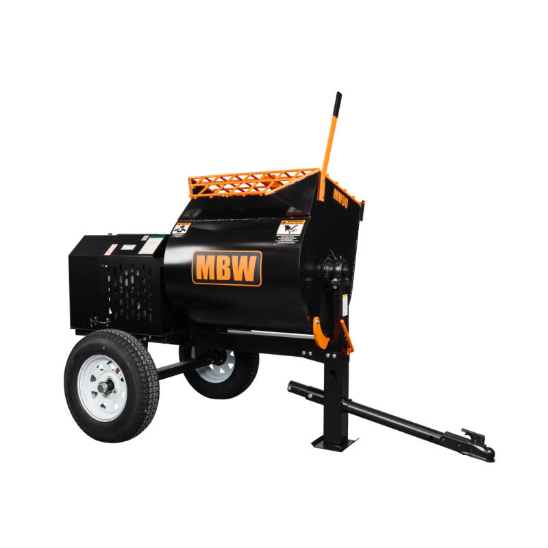 Tow-behind mortar mixer with black barrel, orange handle, and white wheels on white background