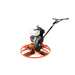Orange walk-behind power trowel with white engine cover, black frame, and long black handlebar on white background