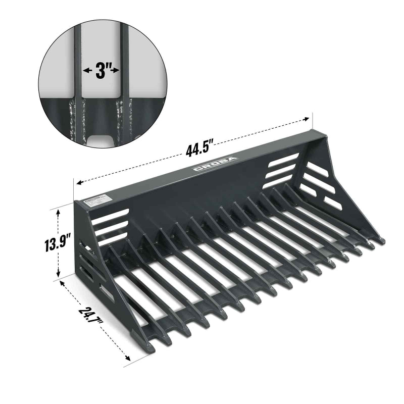 angled front view of black MechMaxx 44-inch mini skid steer rock bucket with 3-inch tine spacing gallery 1