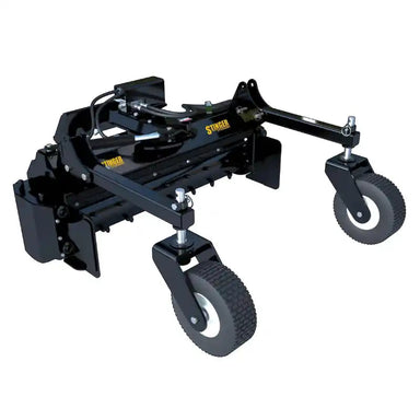 Angled view of black soil conditioner attachment with two large wheels and hydraulic components on white background