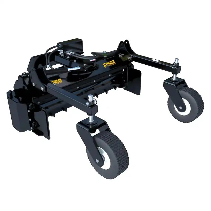 Angled view of black soil conditioner attachment with two large wheels and hydraulic components on white background