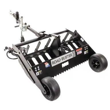 Swisher 48" Roadbuster Pro driveway grader with serrated blade, hitch assembly, and single smooth rear wheels, gallery position 1