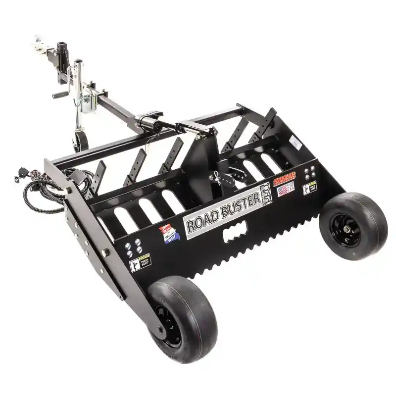 Swisher 48" Roadbuster Pro driveway grader with serrated blade, hitch assembly, and single smooth rear wheels, gallery position 1