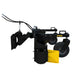Black and yellow soil conditioning attachment with dual rear wheels, hydraulic hoses, and adjustable mounting frame on white background