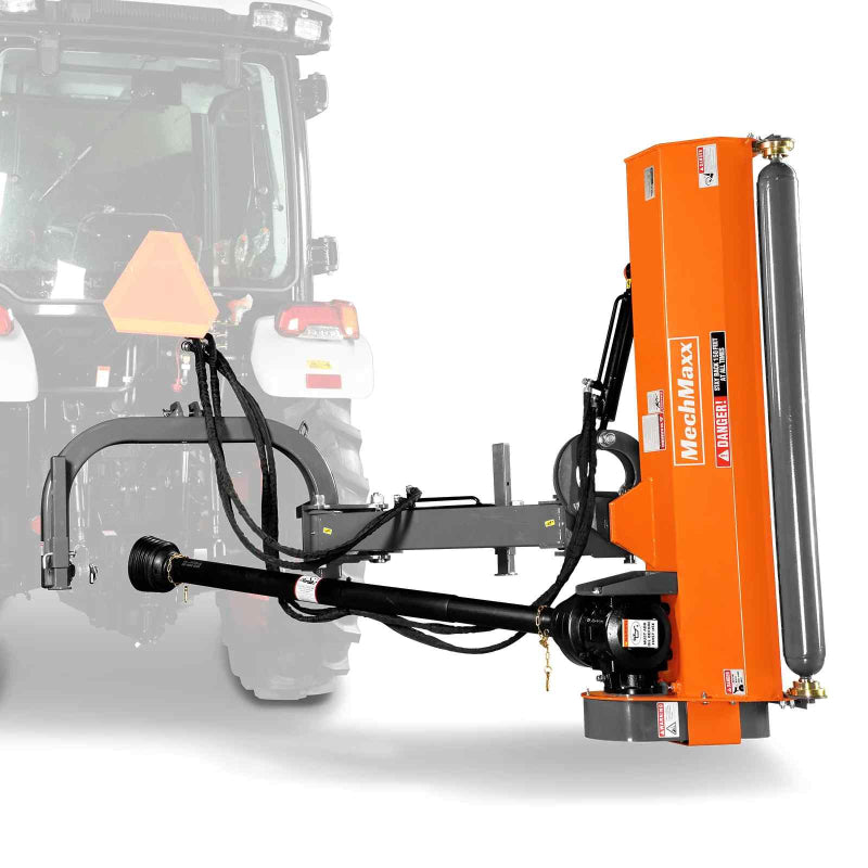 side perspective of orange MechMaxx 60-inch 3 point offset flail ditch bank mower attached to tractor, gallery position 1