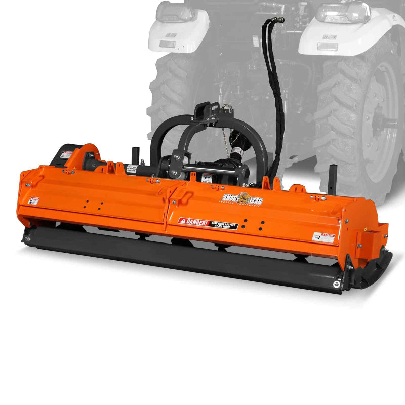 angled front view of orange MechMaxx 78-inch PTO flail mower with three-point hitch and hydraulic side shift gallery position 1