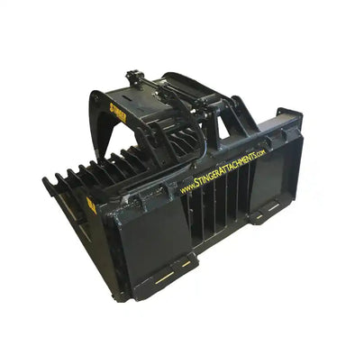 Black metal tractor grapple attachment with hydraulic cylinders, wide curved tines, and reinforced tine frame on white background