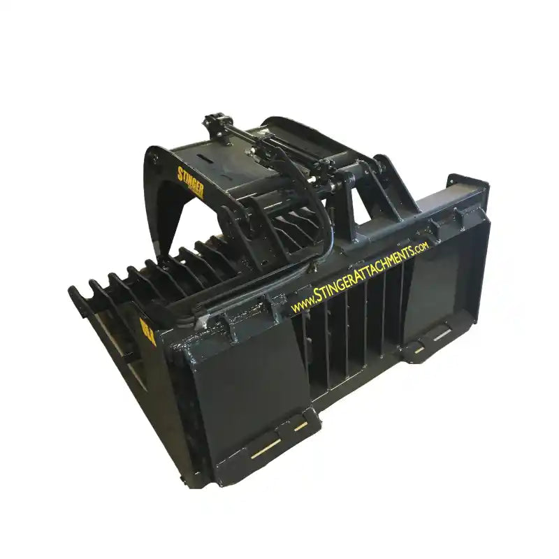 Black metal tractor grapple attachment with hydraulic cylinders, wide curved tines, and reinforced tine frame on white background