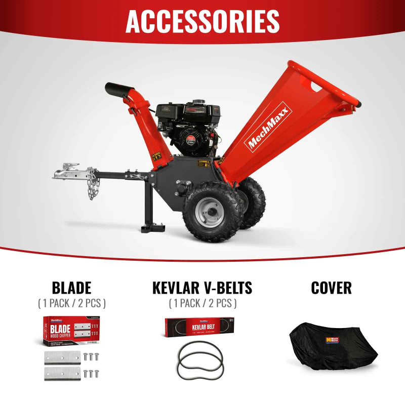 MechMaxx GS650 wood chipper with towbar showing included blade pack, Kevlar V-belts, and protective cover accessories