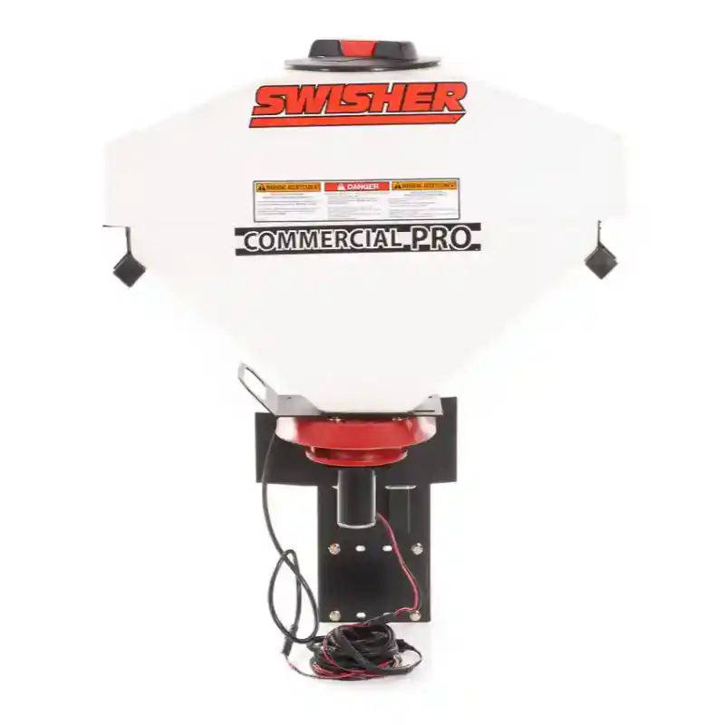 Front view of Swisher Truck Spreader with white hopper, red lid, wiring, and black mounting bracket, gallery position 1