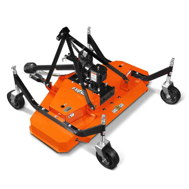 angled view of orange MechMaxx 60-inch PTO finishing mower showing deck and caster wheels, gallery position 1