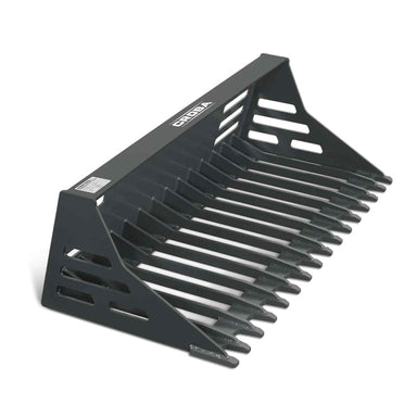 angled front view of black MechMaxx 44-inch mini skid steer rock bucket with evenly spaced tines gallery 1