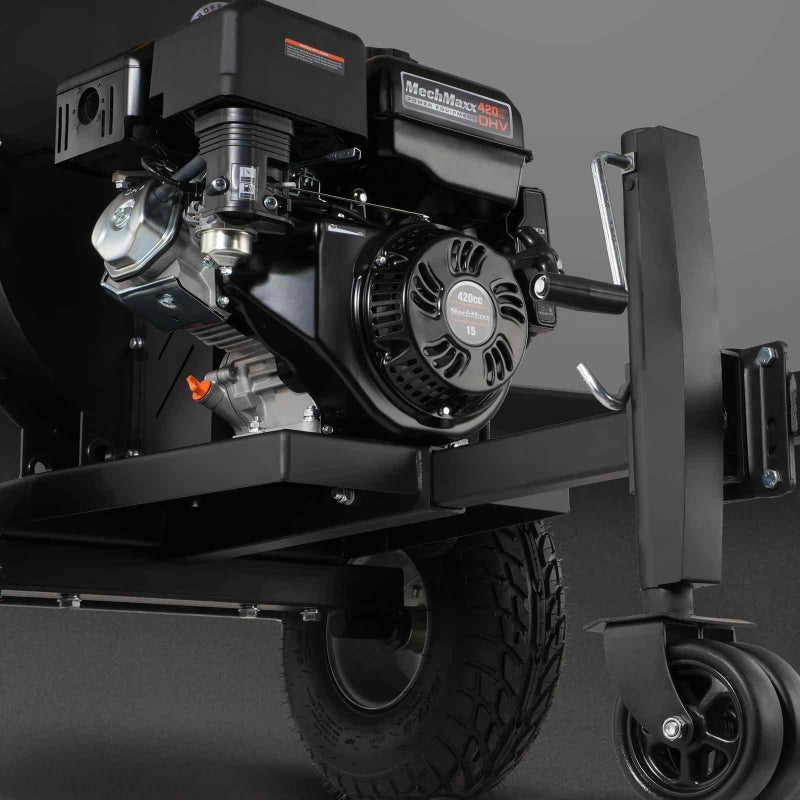 Close-up of MechMaxx 420cc MechMaxx DHV engine with recoil start and front caster wheel, gallery position 1