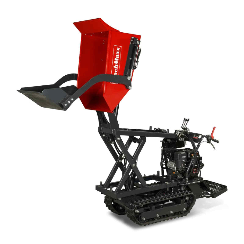 Red MechMaxx D50HTFL tracked mini dumper with hydraulic lifting and tipping bucket elevated, front shovel visible, gallery position 1