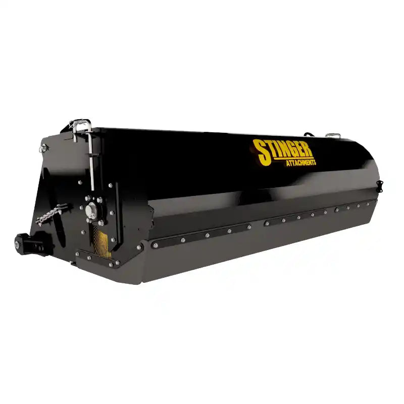 Black steel tow-behind pickup broom attachment with yellow Stinger logo and protective casing on white background