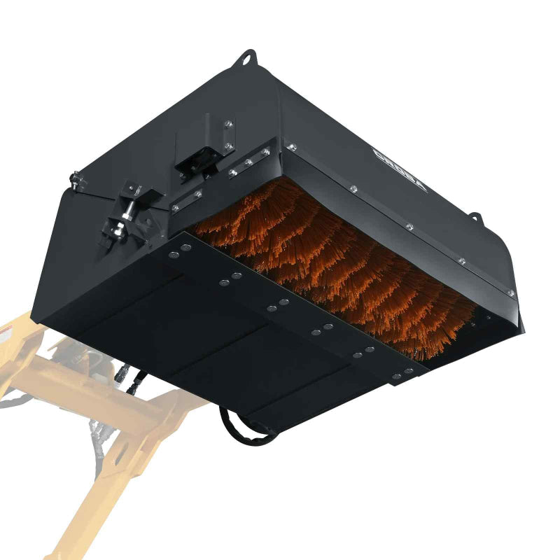 angled view of black MechMaxx 40-inch mini skid steer box broom sweeper showing brush and frame detail gallery 1