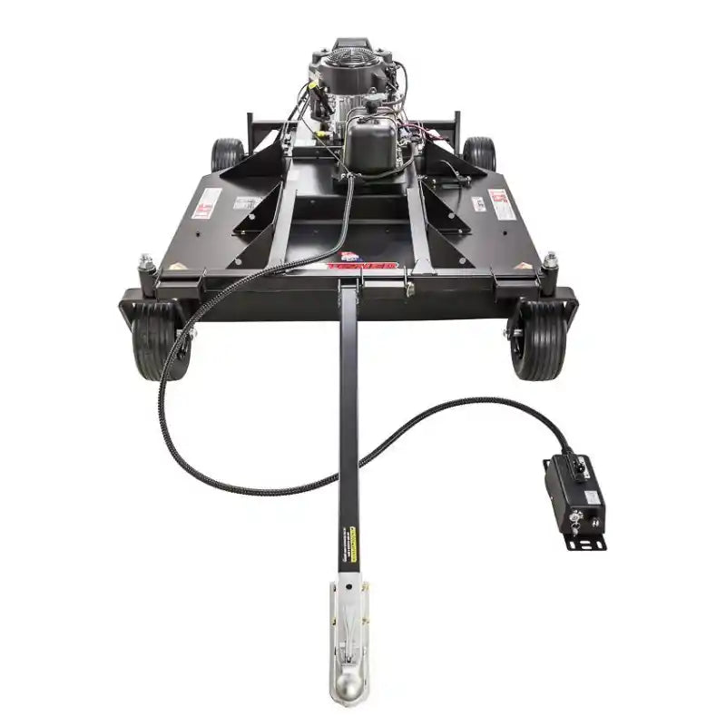 Front view of Swisher 52-inch tow-behind rough cut mower with 14.5HP engine and 12V electric lift control, gallery position 1